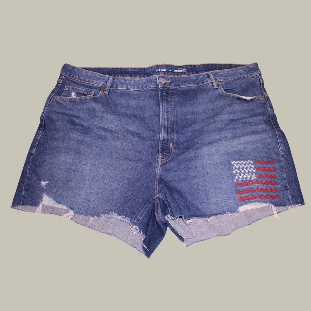 Old Navy OG Straight High Rise Denim Shorts Embroidered American Flag Blue 28